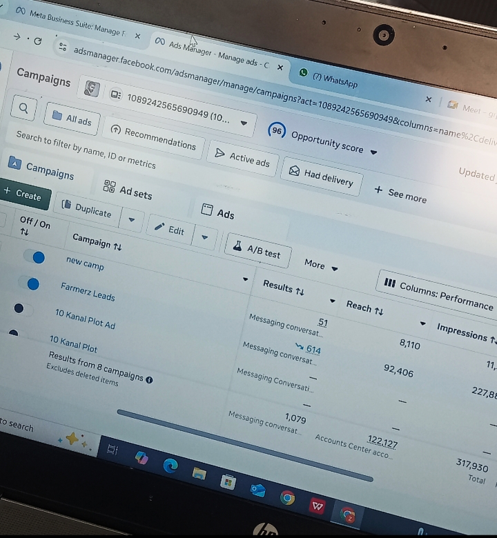 Farmerz campaigns showing 614 and 1,079 messaging conversations and 317,930 impressions